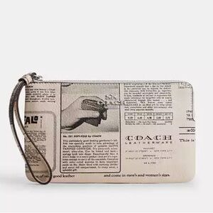 New Coach Large Corner Zip Wristlet With Newspaper Print